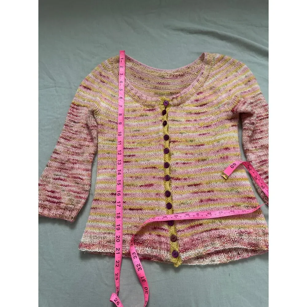 Handmade Knit Merino Wool Yellow Pink Button Up Cardigan Sweater Spring